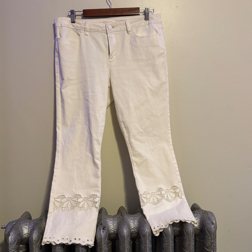 Women's Skinny Crop Jeans White Lace Trim Eyelet Flare Hem Size 10 Cottagecore